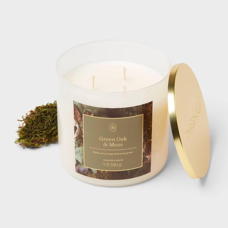 slide 3 of 3, 3 Wick Lidded Glass Green Oak and Moss Jar Candle 19oz - Threshold™, 19 oz