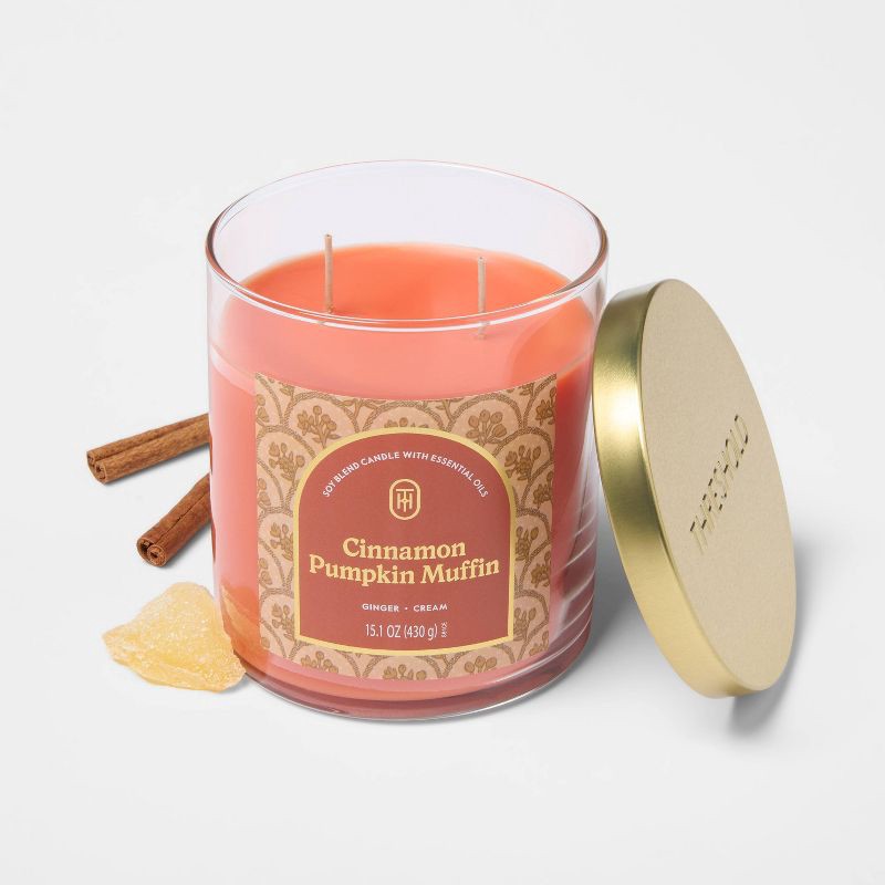 slide 3 of 3, 2 Wick 15.1oz Lidded Jar Candle Cinnamon Pumpkin Muffin - Threshold™, 15.1 oz