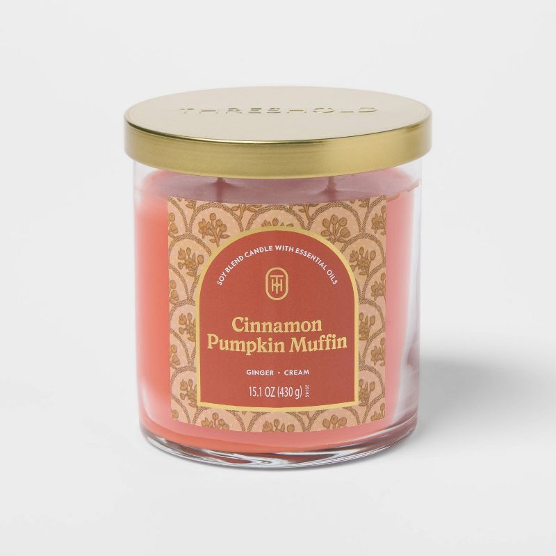 slide 1 of 3, 2 Wick 15.1oz Lidded Jar Candle Cinnamon Pumpkin Muffin - Threshold™, 15.1 oz
