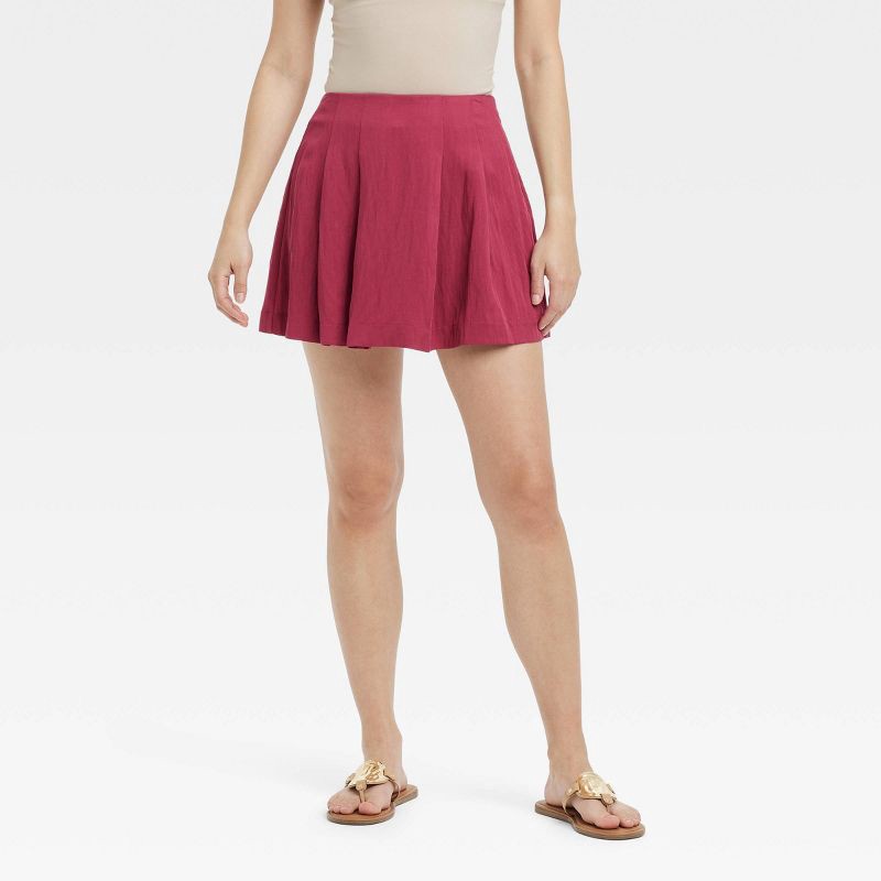 slide 1 of 4, Women's High-Rise Pleated Skort - A New Day™ Burgundy 16: Casual Twill Above-Knee Skirt with Side Zipper, 1 ct