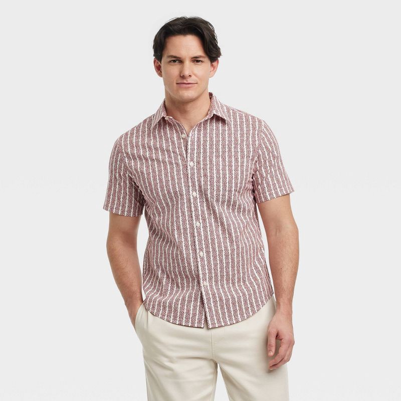slide 1 of 3, Men's Short Sleeve Poplin Shirt - Goodfellow & Co™ Red XL: Cotton-Spandex Blend, Midweight, Standard Fit, Front Pocket, Stripe Pattern, 1 ct
