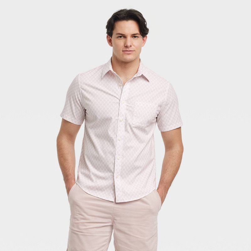 slide 1 of 3, Men's Short Sleeve Poplin Shirt - Goodfellow & Co™ Off-White XL: Cotton-Spandex Blend, Botanical Pattern, Front Pocket, Machine Washable, 1 ct