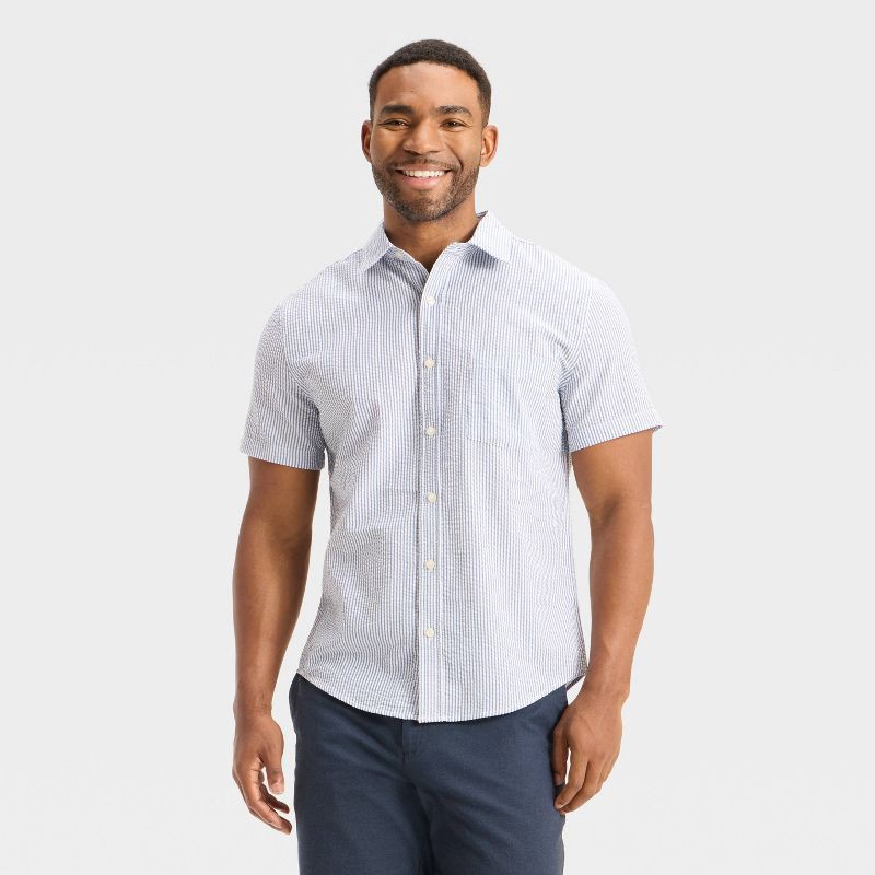 slide 1 of 3, Men's Short Sleeve Seersucker Shirt - Goodfellow & Co™ Blue S, 1 ct