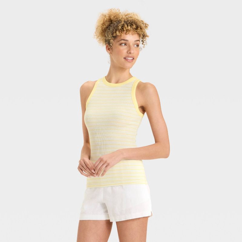 slide 1 of 3, Women's Slim Fit Ribbed Tank Top - A New Day™ Yellow Striped XL, 1 ct
