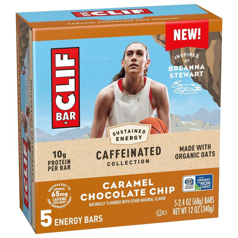 slide 2 of 6, CLIF Bar Caramel Chocolate Chip with Caffiene Granola Plant-Based Soy Protein Bars Made with Organic Oats - 10g Protein - 12oz/5ct, 10 gram, 12 oz, 5 ct