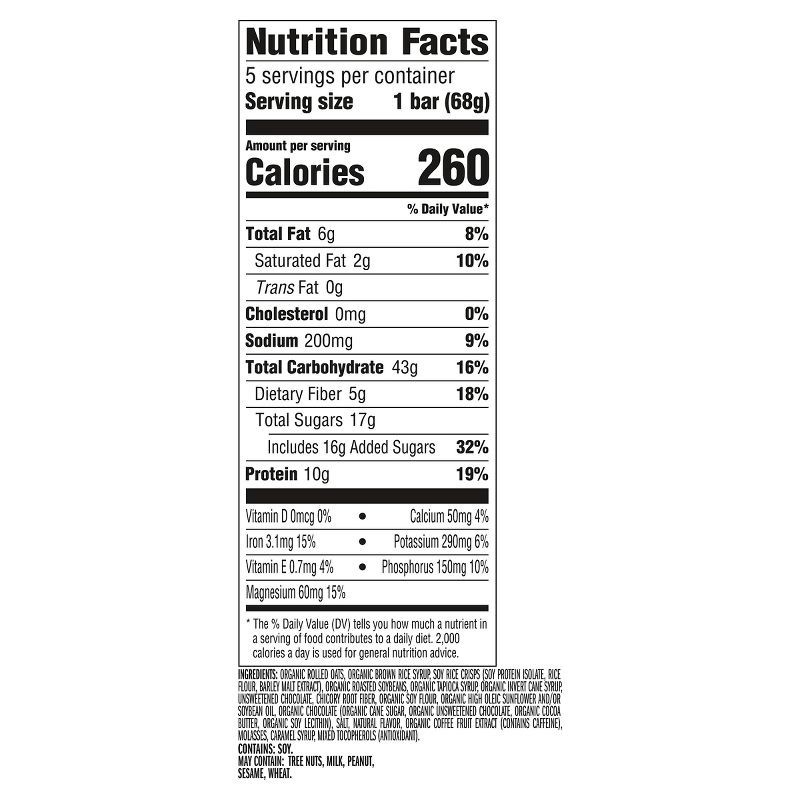 slide 4 of 6, CLIF Bar Caramel Chocolate Chip with Caffiene Granola Plant-Based Soy Protein Bars Made with Organic Oats - 10g Protein - 12oz/5ct, 10 gram, 12 oz, 5 ct