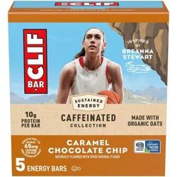 CLIF Bar Caramel Chocolate Chip with Caffiene Granola Plant-Based Soy Protein Bars Made with Organic Oats - 10g Protein - 12oz/5ct