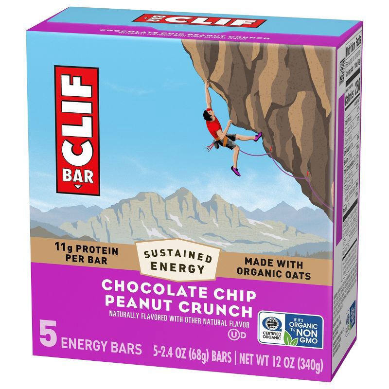 slide 8 of 12, CLIF Bar Chocolate Chip Peanut Crunch Granola Plant-Based Soy Protein Bars Made with Organic Oats - 11g Protein - 12oz/5ct, 11 gram, 12 oz, 5 ct