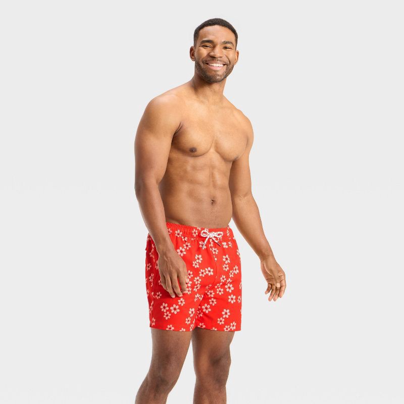 slide 3 of 4, Men's 5'' Floral Print E-waist Swim Trunks - Goodfellow & Co™ Red XL, 1 ct