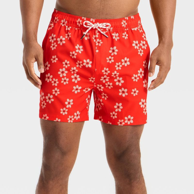 slide 1 of 4, Men's 5'' Floral Print E-waist Swim Trunks - Goodfellow & Co™ Red XL, 1 ct