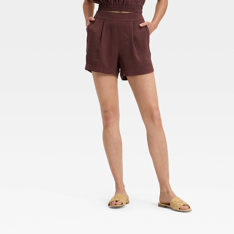 slide 1 of 3, Women's High-Rise Modern Gauze Shorts - A New Day™ Brown XS, 1 ct