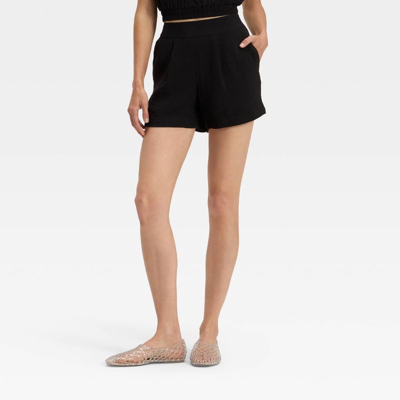 slide 1 of 3, Women's High-Rise Modern Gauze Shorts - A New Day™ Black S, 1 ct