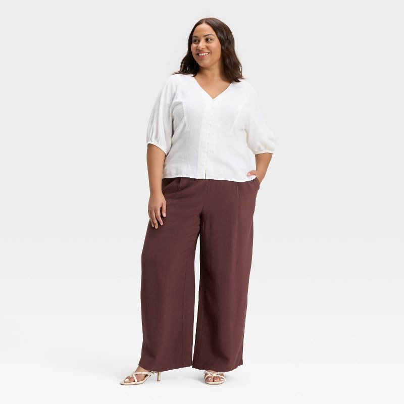 slide 3 of 3, Women's High-Rise Modern Gauze Pull-On Pants - A New Day™ Brown L, 1 ct