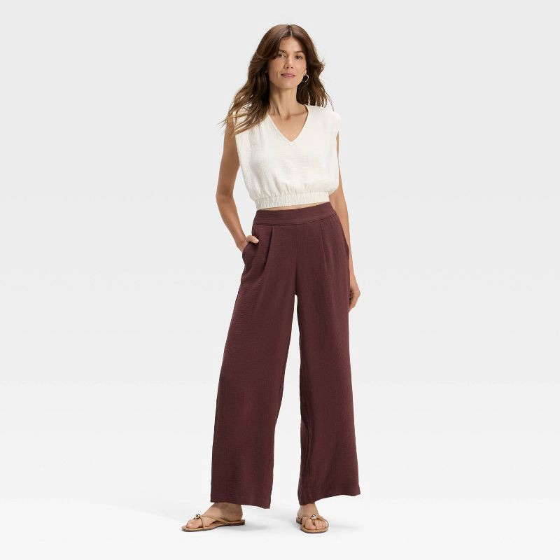 slide 3 of 3, Women's High-Rise Modern Gauze Pull-On Pants - A New Day™ Brown XL, 1 ct