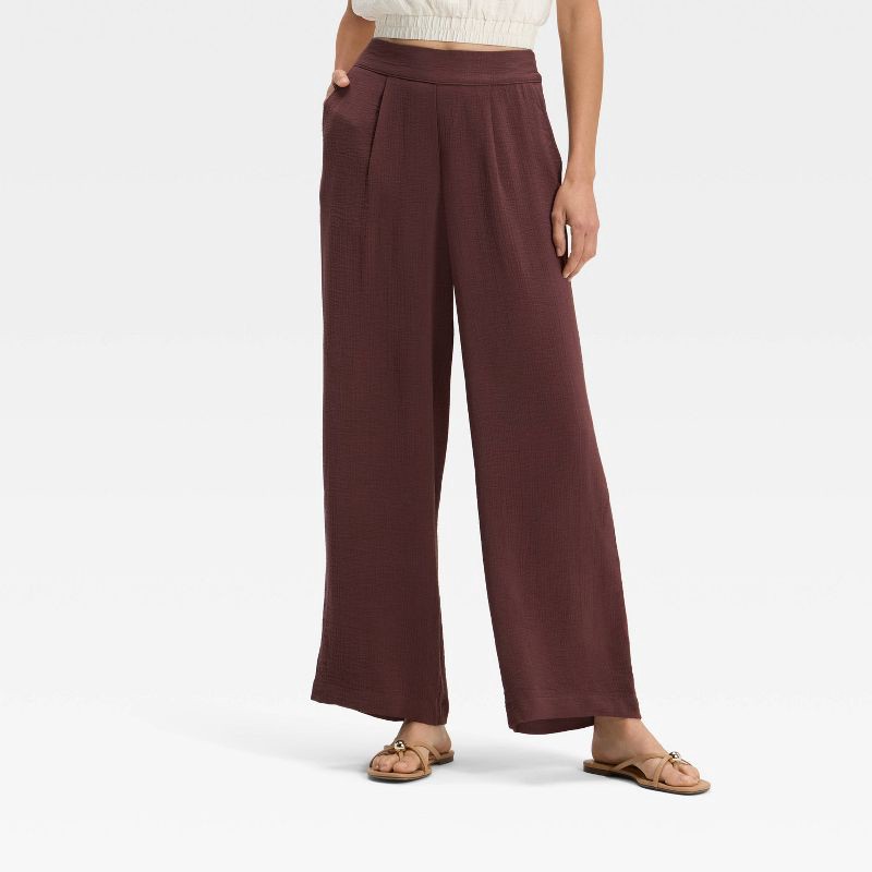 slide 1 of 3, Women's High-Rise Modern Gauze Pull-On Pants - A New Day™ Brown XL, 1 ct