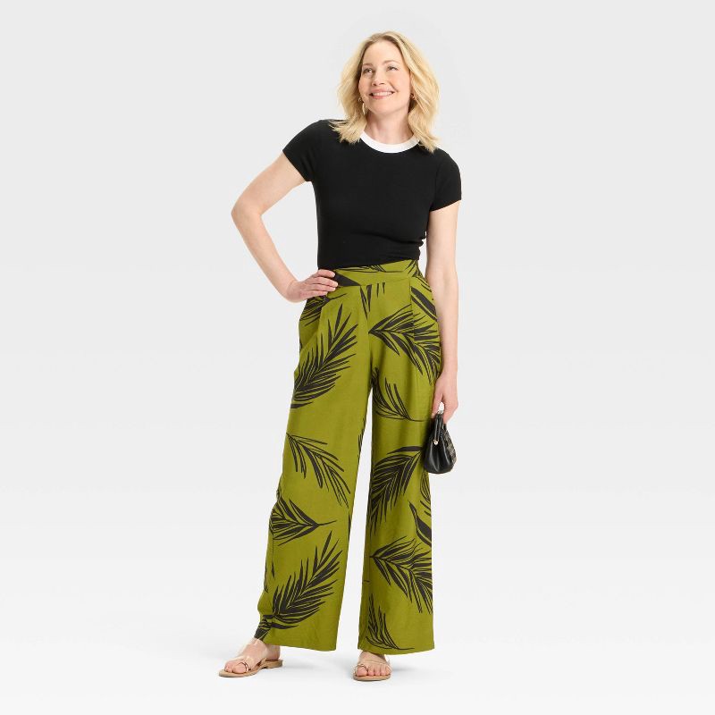 slide 3 of 3, Women's High-Rise Wide Leg Pants - A New Day™ Green/Black Print M, 1 ct