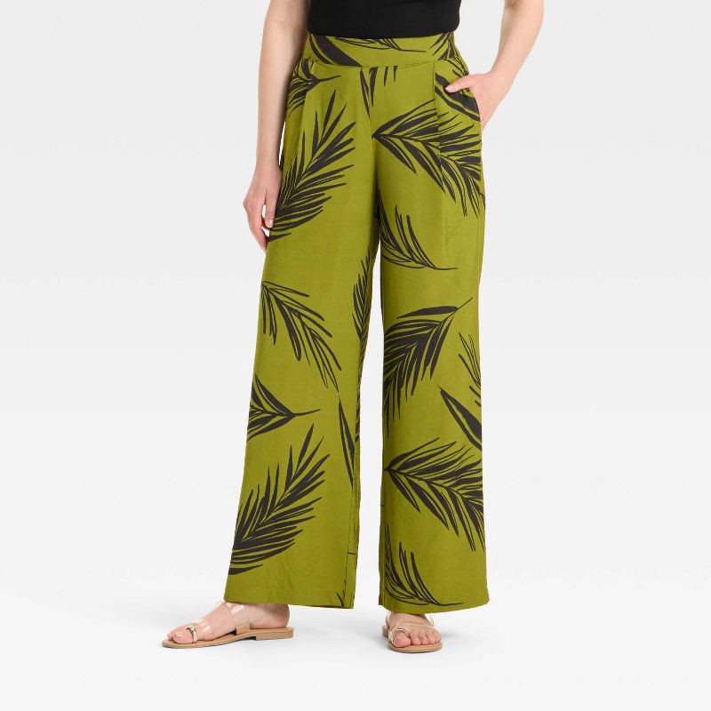 slide 1 of 3, Women's High-Rise Wide Leg Pants - A New Day™ Green/Black Print M, 1 ct