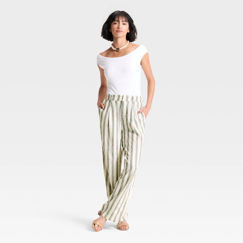 slide 3 of 3, Women's High-Rise Linen Pleated Front Straight Trousers - A New Day™ Cream/Black Striped 14, 1 ct