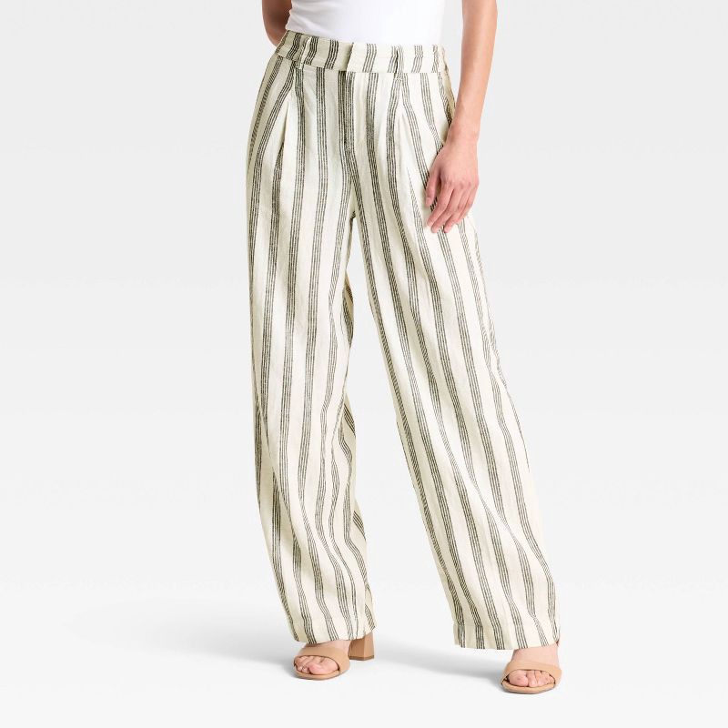 slide 1 of 3, Women's High-Rise Linen Pleated Front Straight Trousers - A New Day™ Cream/Black Striped 14, 1 ct