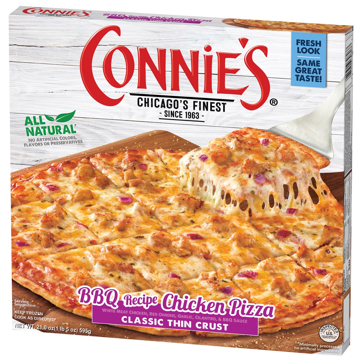 slide 7 of 13, Connie's Classic Thin Crust BBQ Recipe Chicken Pizza 21.0 oz, 21 oz