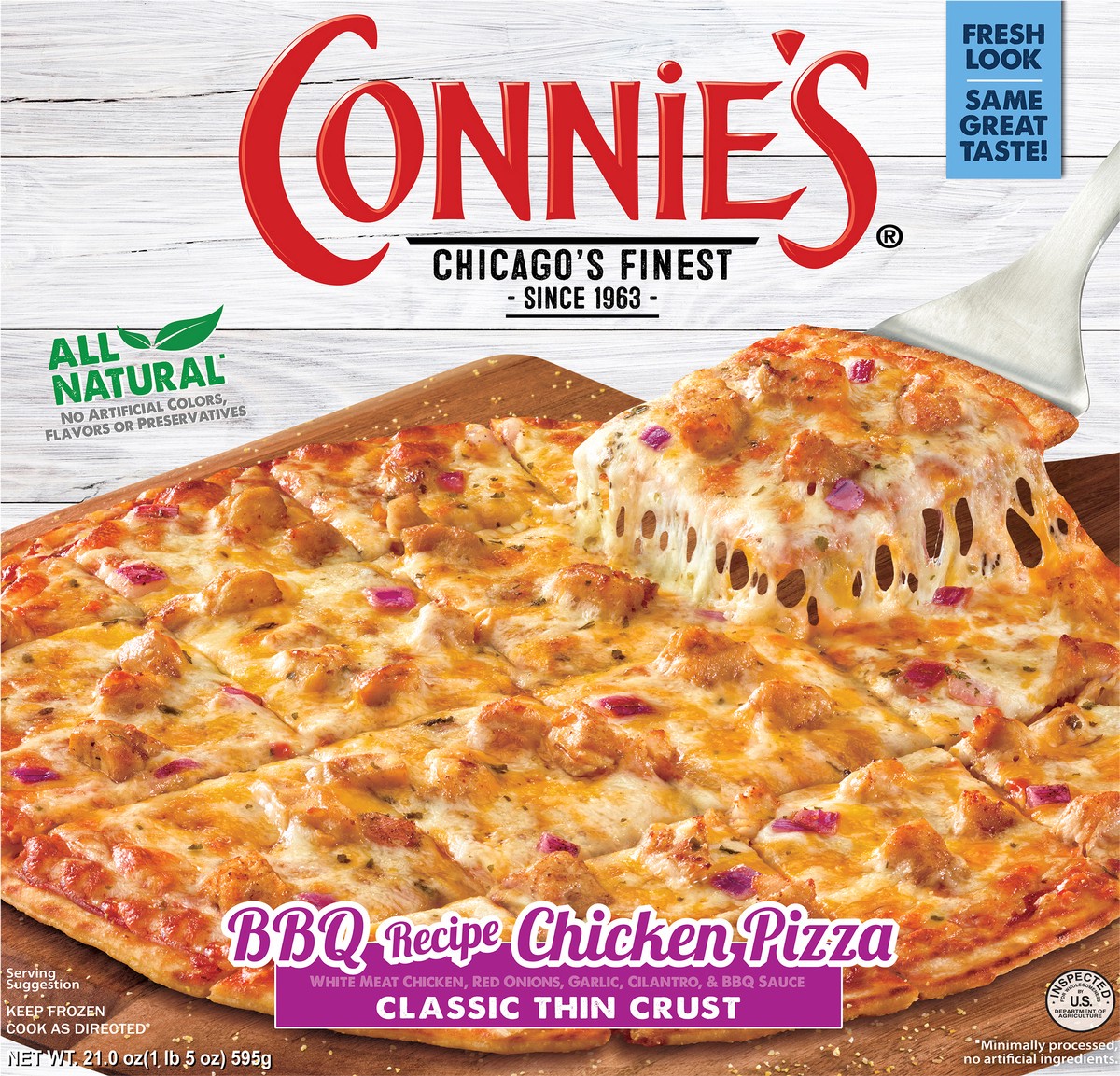 slide 13 of 13, Connie's Classic Thin Crust BBQ Recipe Chicken Pizza 21.0 oz, 21 oz