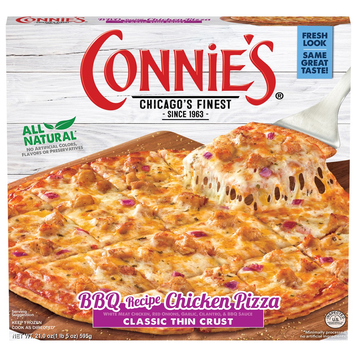 slide 11 of 13, Connie's Classic Thin Crust BBQ Recipe Chicken Pizza 21.0 oz, 21 oz