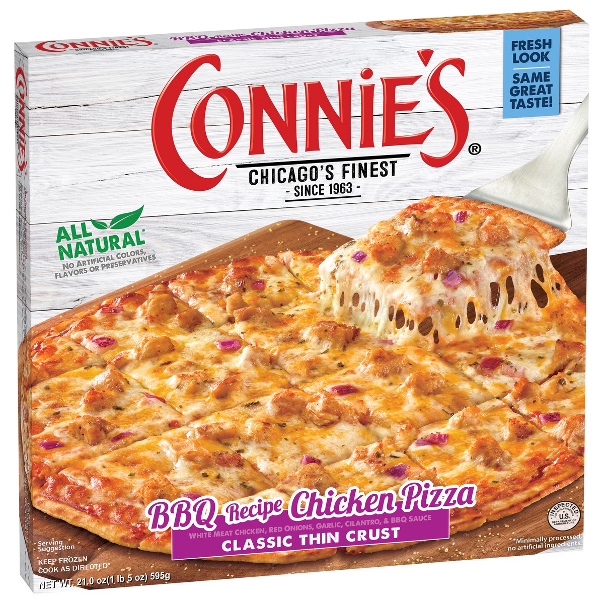 slide 9 of 13, Connie's Classic Thin Crust BBQ Recipe Chicken Pizza 21.0 oz, 21 oz