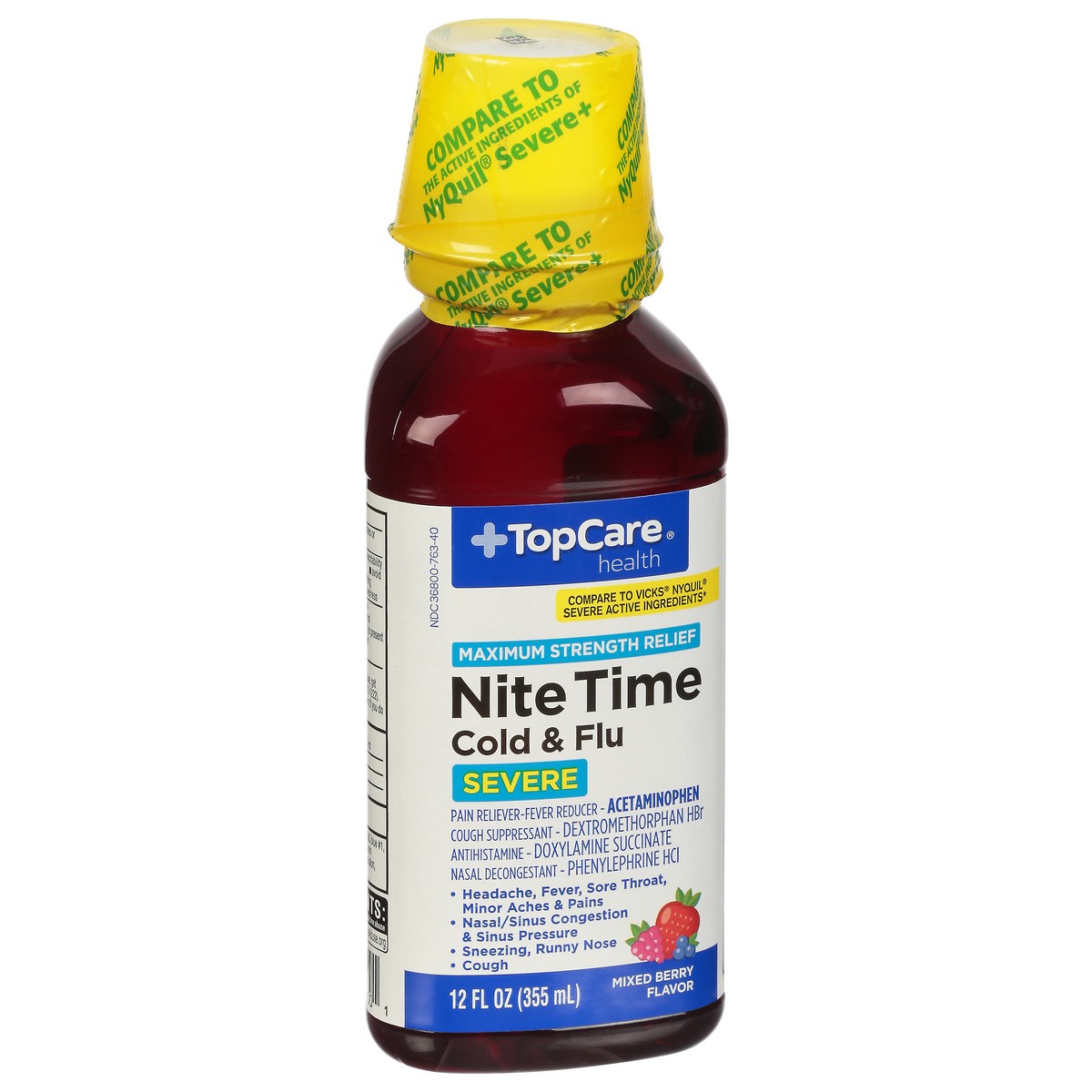 slide 4 of 10, TopCare Health NiteTime Severe Maximum Strength Relief Mixed Berry Flavor Cold & Flu 12 fl oz, 12 fl oz