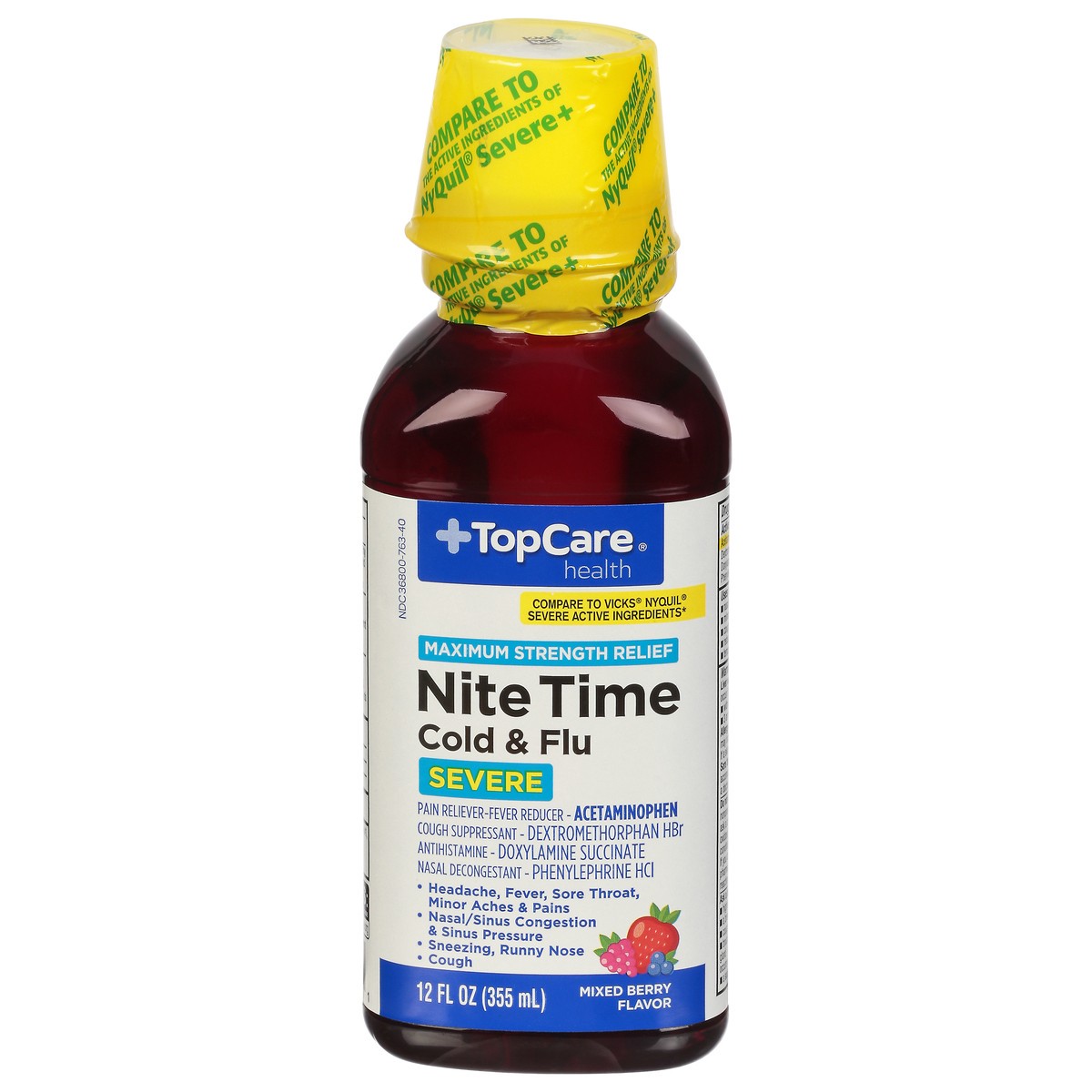 slide 1 of 10, TopCare Health NiteTime Severe Maximum Strength Relief Mixed Berry Flavor Cold & Flu 12 fl oz, 12 fl oz