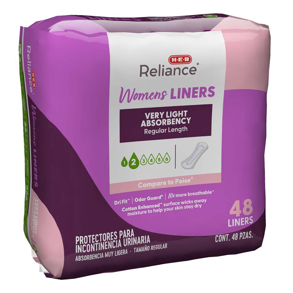 slide 1 of 1, H-E-B Reliance Very Light Absorbency Regular Length Liner, 48 ct