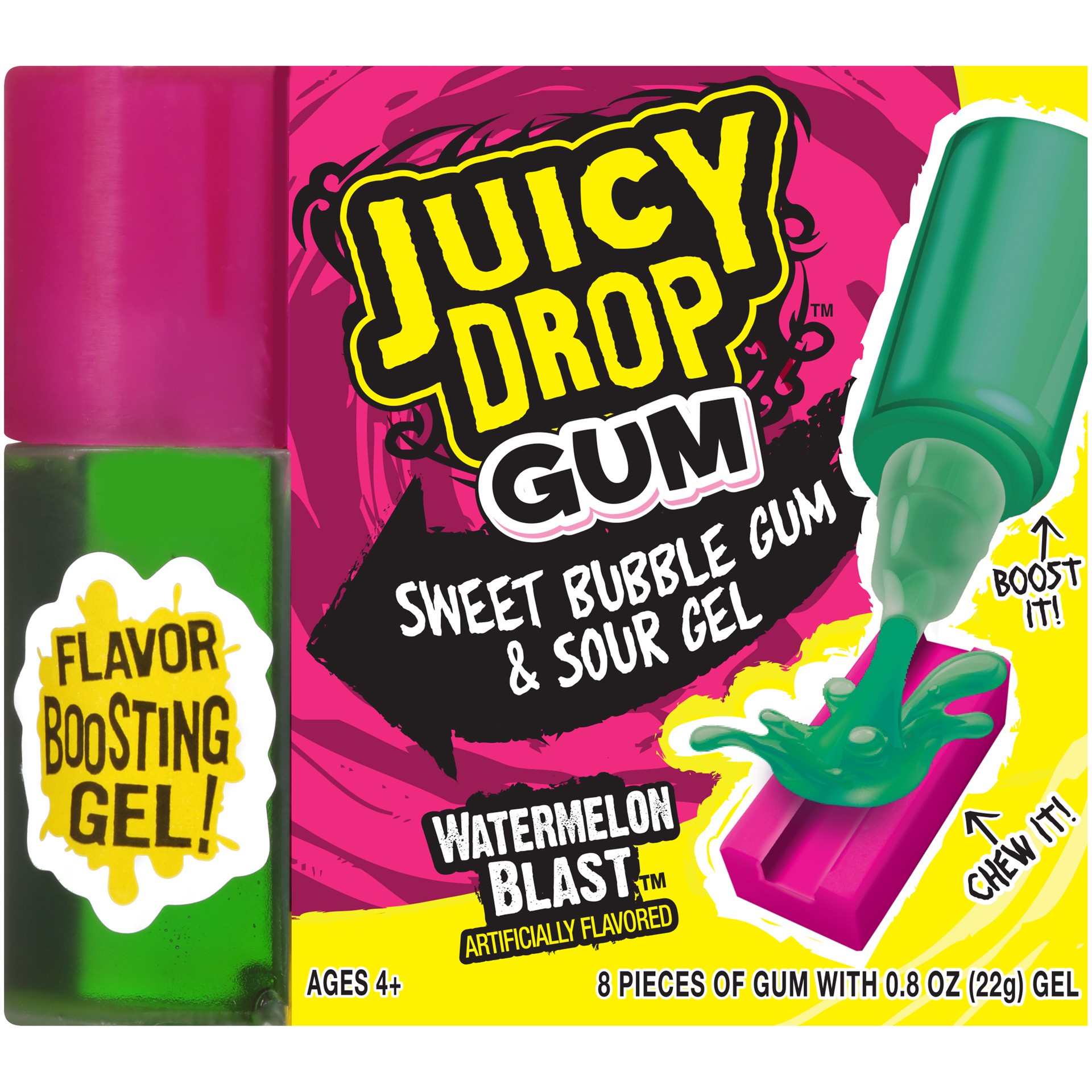 slide 1 of 3, Juicy Drop Gum, Sweet Bubble Gum Pack with Sour Gel Applicator, Assorted Flavors, 8Piece, 8 ct