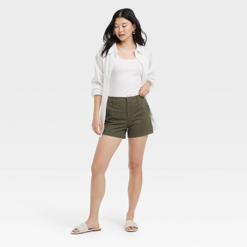 slide 3 of 3, Women's High-Rise Chino Shorts - A New Day™ Olive 12: Cotton-Spandex Blend, Midweight Twill, 4" Inseam, 1 ct