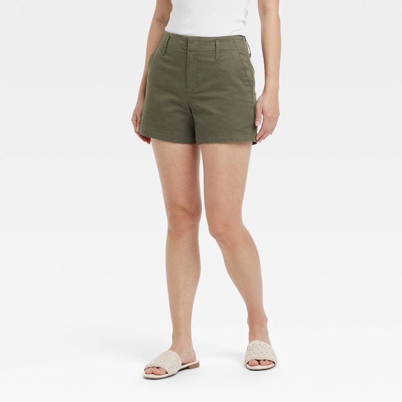slide 1 of 3, Women's High-Rise Chino Shorts - A New Day™ Olive 12: Cotton-Spandex Blend, Midweight Twill, 4" Inseam, 1 ct