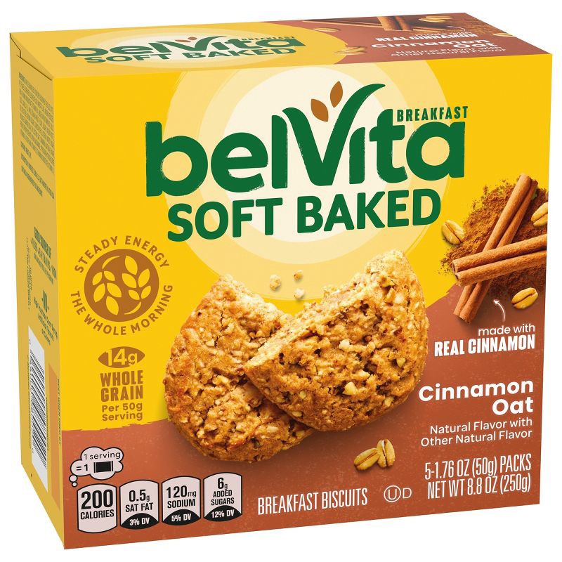 slide 2 of 14, BelVita Soft Baked Cinnamon Oat Breakfast Biscuits Chewy Breakfast Bars - 8.8oz/5pk, 5 ct; 8.8 oz
