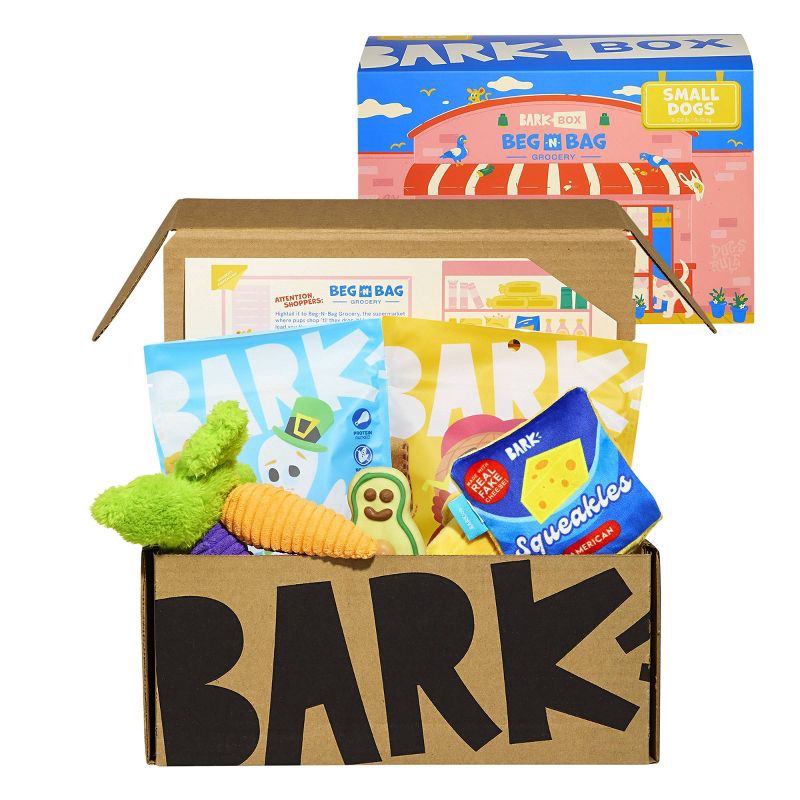slide 1 of 7, BARK Beg-n-Bag Small Box Dog Plush Toy Set - 5pc, 5 ct