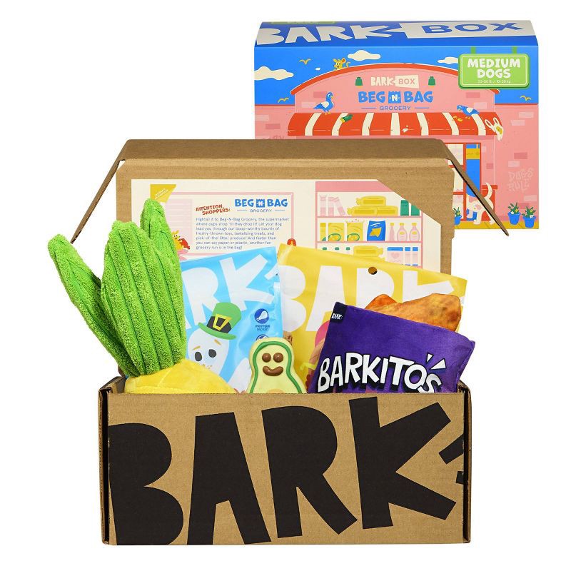 slide 1 of 7, BARK Beg-n-Bag Medium Box Dog Plush Toy Set - 5pc, 5 ct