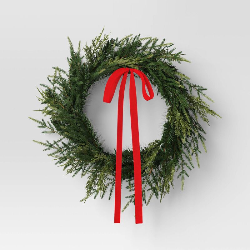 slide 3 of 4, 28" Christmas Led Mixed Norfolk and Cedar Wreath with Red Velvet Bow - Wondershop™, 1 ct