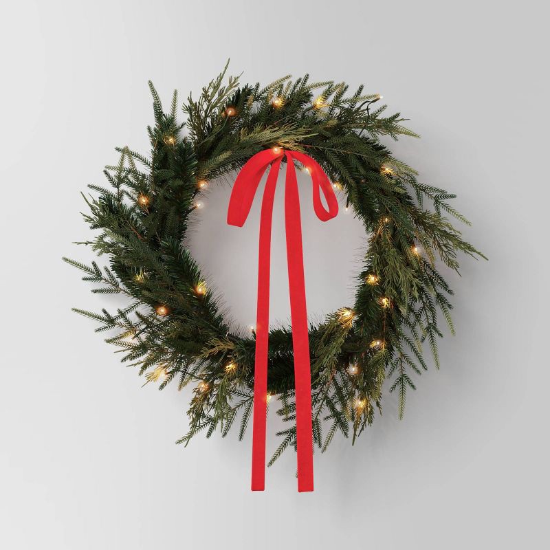 slide 1 of 4, 28" Christmas Led Mixed Norfolk and Cedar Wreath with Red Velvet Bow - Wondershop™, 1 ct
