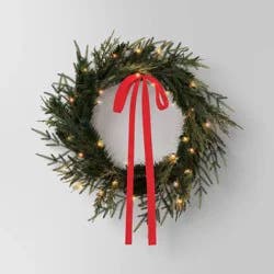 28" Christmas Led Mixed Norfolk and Cedar Wreath with Red Velvet Bow - Wondershop™