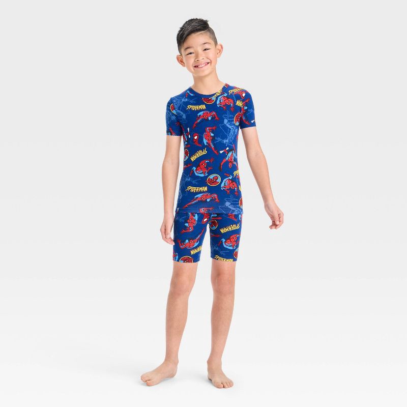 slide 1 of 4, Boys' Spider-Man 2pc Tight Fit Pajama Set - Blue 4: Knit Sleepwear, Viscose & Spandex, 2 ct