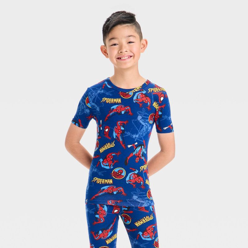 slide 3 of 4, Boys' Spider-Man 2pc Tight Fit Pajama Set - Blue 4: Knit Sleepwear, Viscose & Spandex, 2 ct