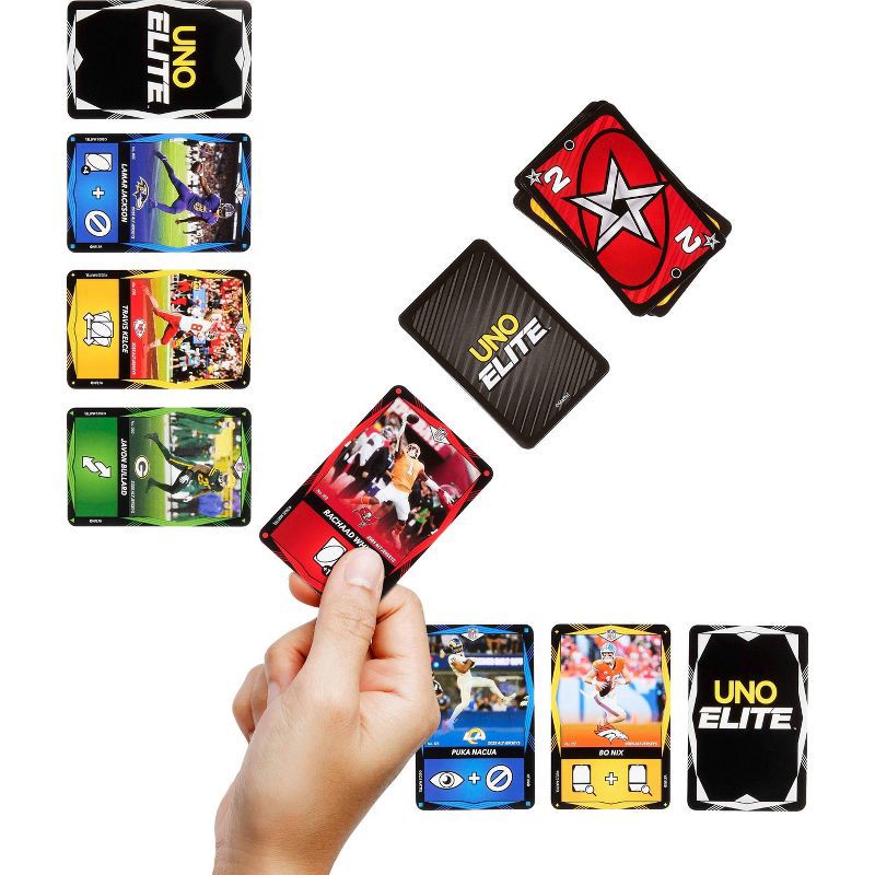 slide 4 of 10, UNO Elite NFL Card Game 2025 Alt Jerseys Edition Starter Pack with 4 Booster Packs & 2 Promo Cards, 1 ct