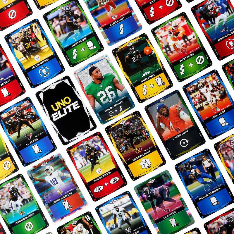 slide 5 of 10, UNO Elite NFL Card Game 2025 Alt Jerseys Edition Starter Pack with 4 Booster Packs & 2 Promo Cards, 1 ct