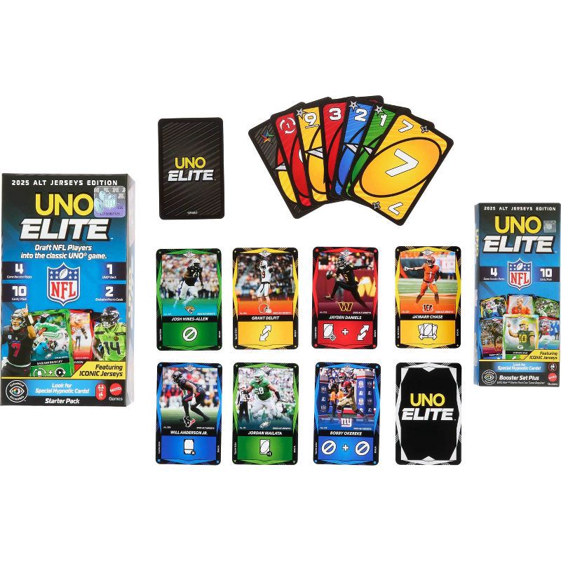 slide 6 of 10, UNO Elite NFL Card Game 2025 Alt Jerseys Edition Starter Pack with 4 Booster Packs & 2 Promo Cards, 1 ct