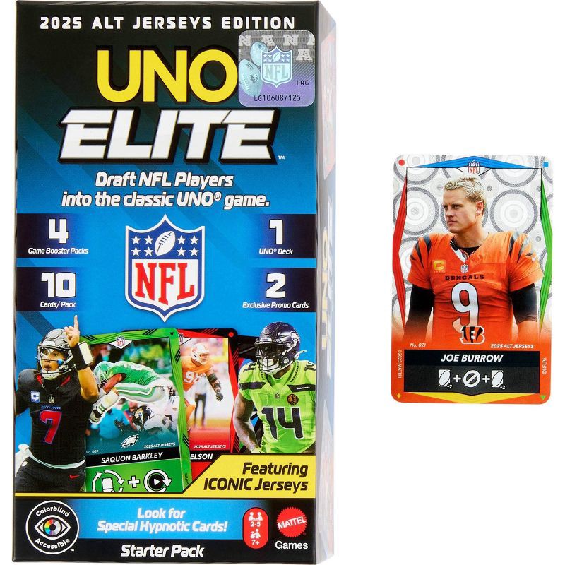 slide 7 of 10, UNO Elite NFL Card Game 2025 Alt Jerseys Edition Starter Pack with 4 Booster Packs & 2 Promo Cards, 1 ct