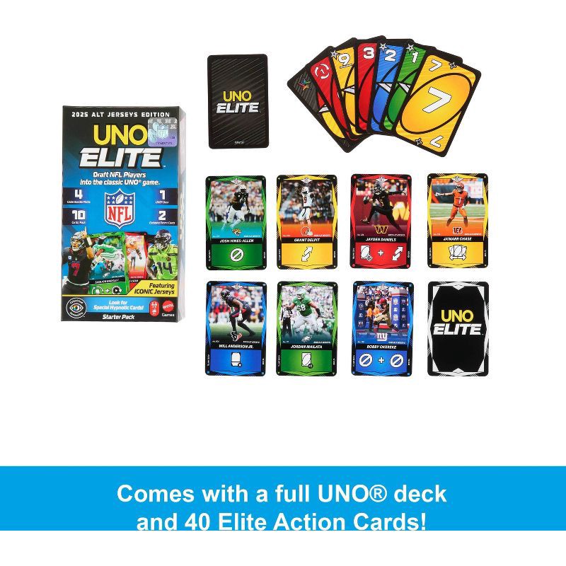 slide 8 of 10, UNO Elite NFL Card Game 2025 Alt Jerseys Edition Starter Pack with 4 Booster Packs & 2 Promo Cards, 1 ct