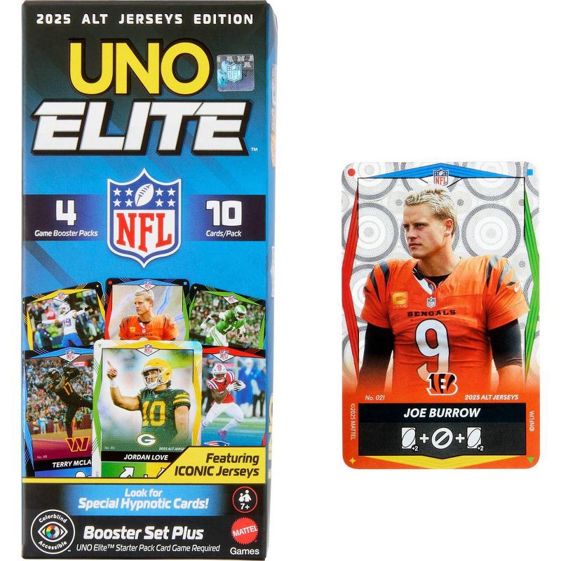 slide 5 of 10, UNO Elite NFL 2025 Alt Jerseys Edition Booster Set Plus with 40 Elite Action Cards, 1 ct