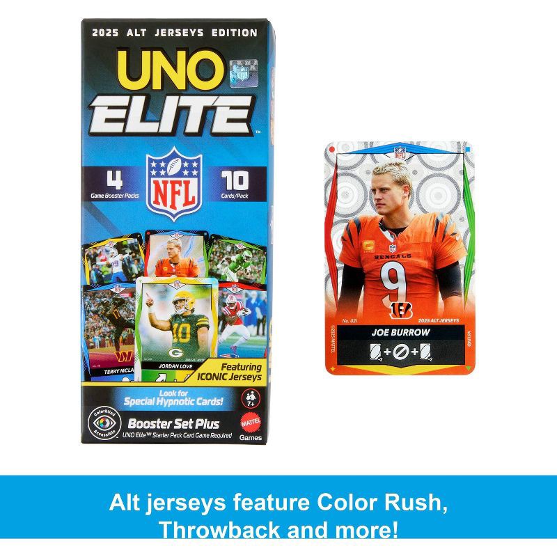 slide 9 of 10, UNO Elite NFL 2025 Alt Jerseys Edition Booster Set Plus with 40 Elite Action Cards, 1 ct