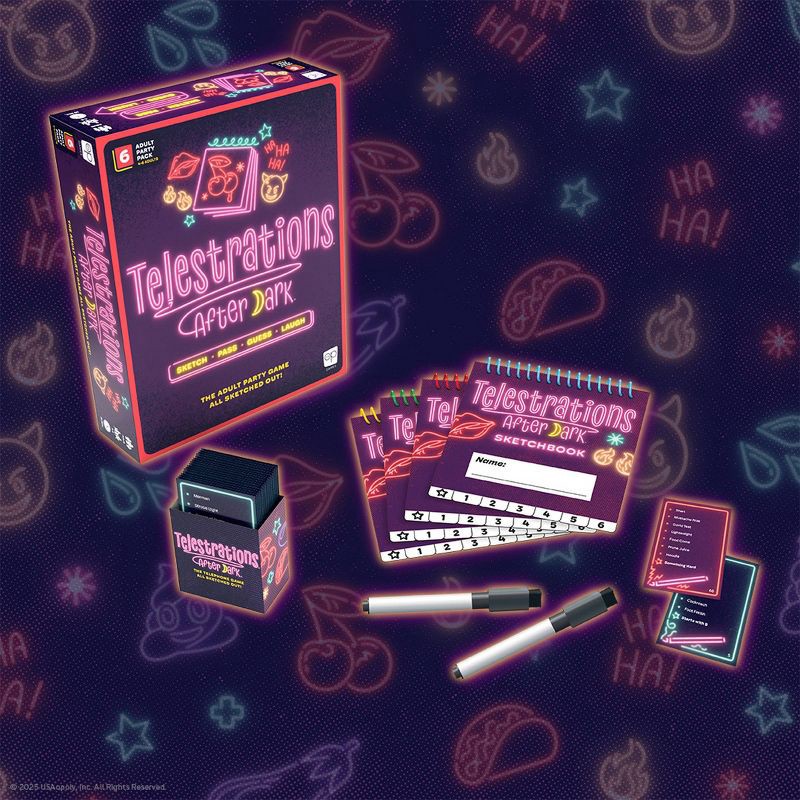 slide 2 of 10, The Op Games Telestrations After Dark 6 Player Game: Party Fun with Cards, Dice, and Dry Erase Boards for 4-6 Participants, 1 ct