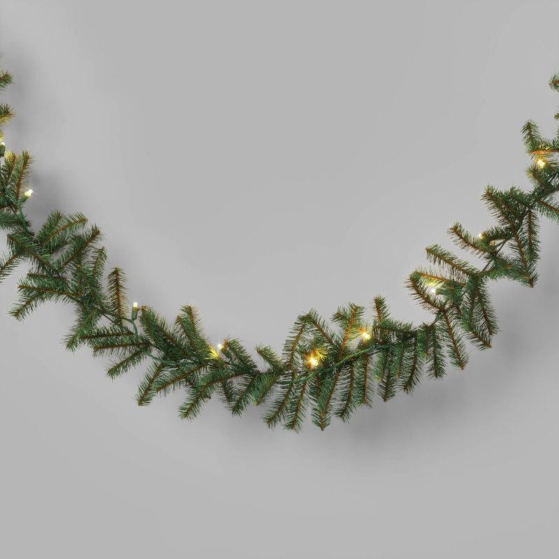 slide 1 of 4, 18' Christmas Pre-Lit Artificial Pine Bough Garland Green with LED Lights - Wondershop™, 1 ct